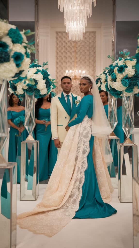 A couple in a teal and cream winter wedding colors setting, showcasing a modern and joyful atmosphere.