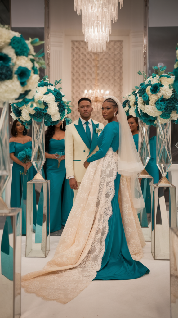 A couple in a teal and cream winter wedding colors setting, showcasing a modern and joyful atmosphere.