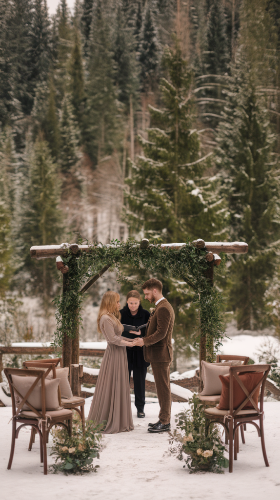 Outdoor wedding scene with a couple under a wooden arch surrounded by trees and snow.