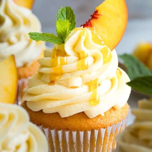 up close view of Honey Peach Cream Cheese Cupcakes