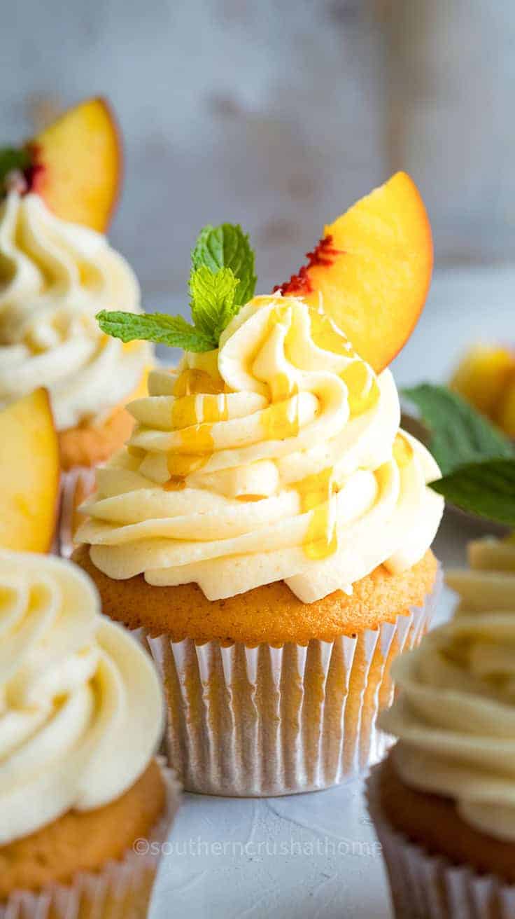 up close view of Honey Peach Cream Cheese Cupcakes