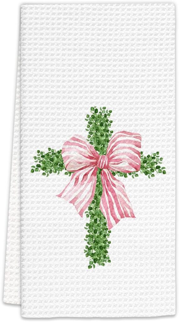 Pink Bow Boxwood Cross Kitchen Towels – Grandmillennial Easter Decor
