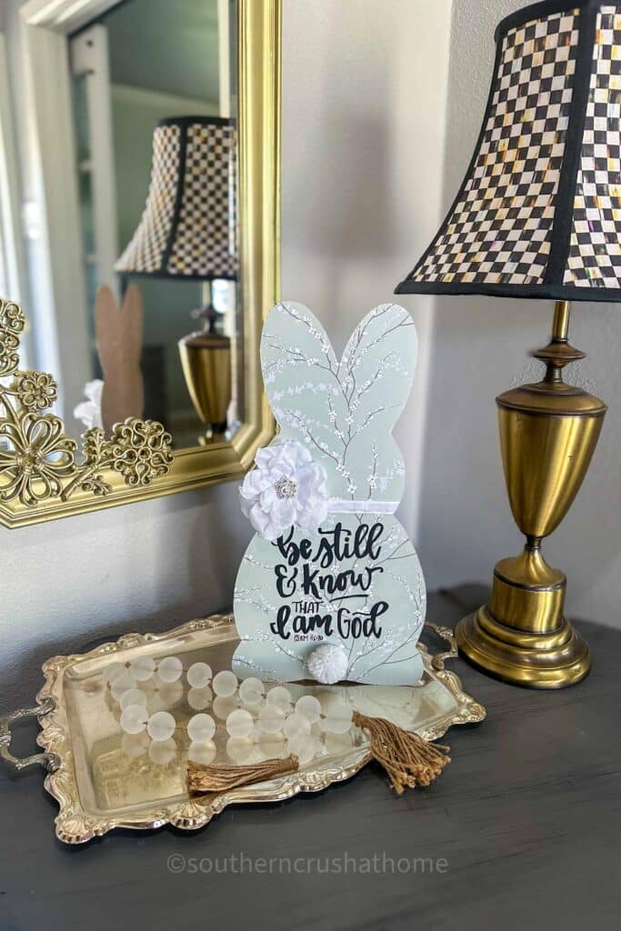 easter bunny decor on entry table