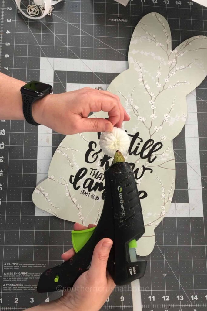 adding pom pom for bunny tail