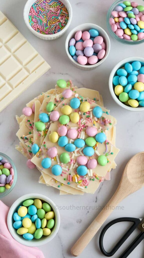 making white chocolate bark with pastel candy
