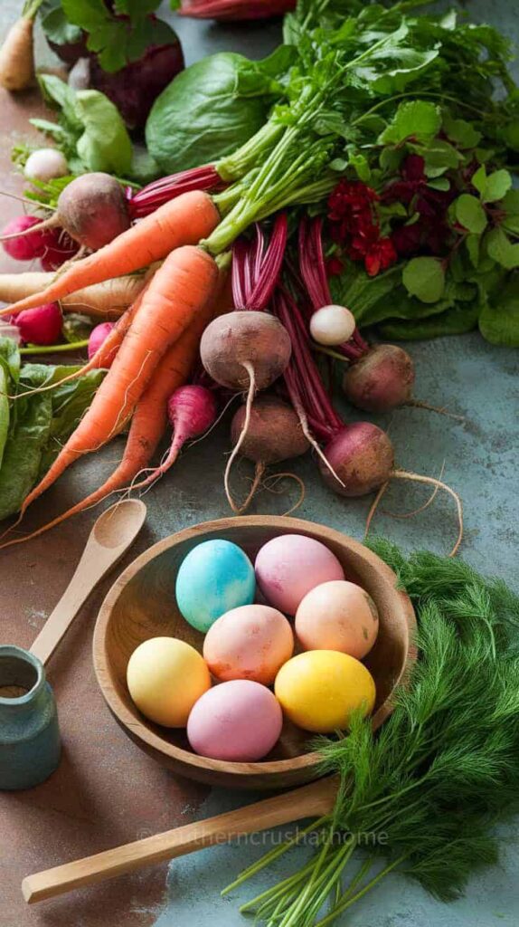 natural colorful eggs with vegetables