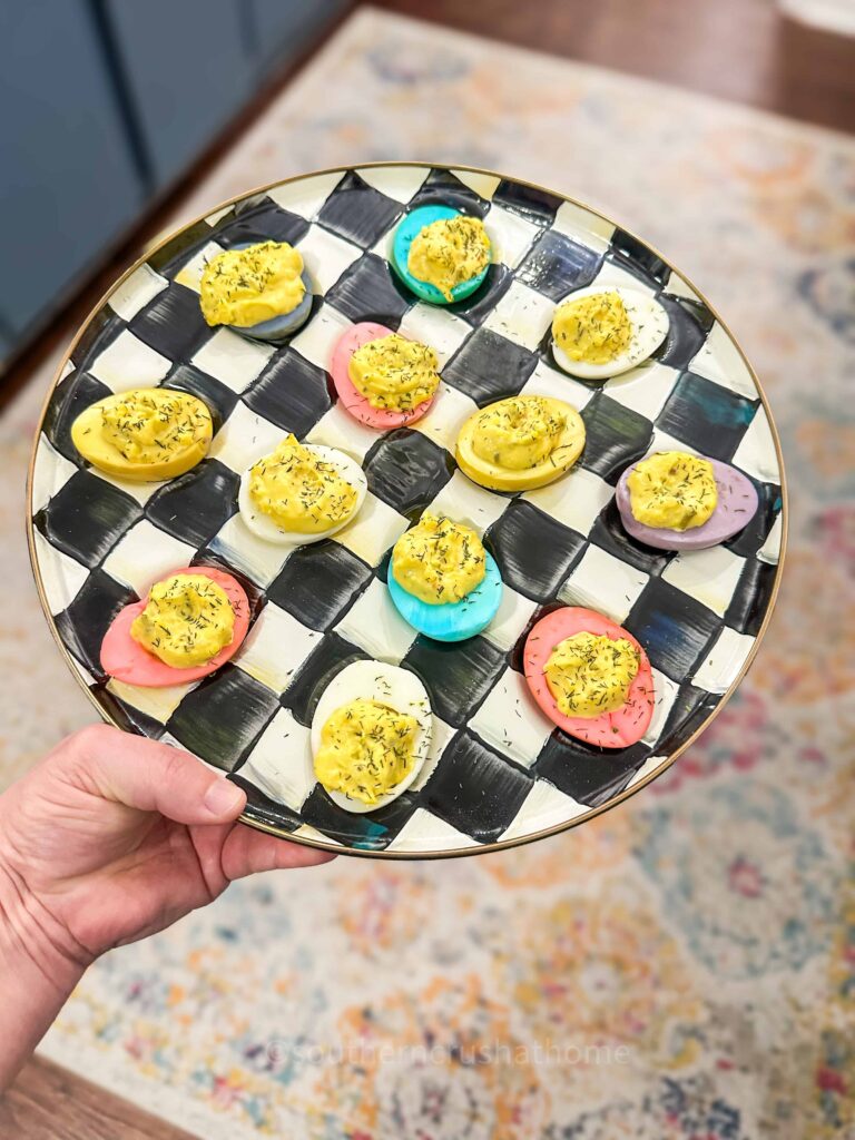 mackenzie childs egg platter of colored deviled eggs