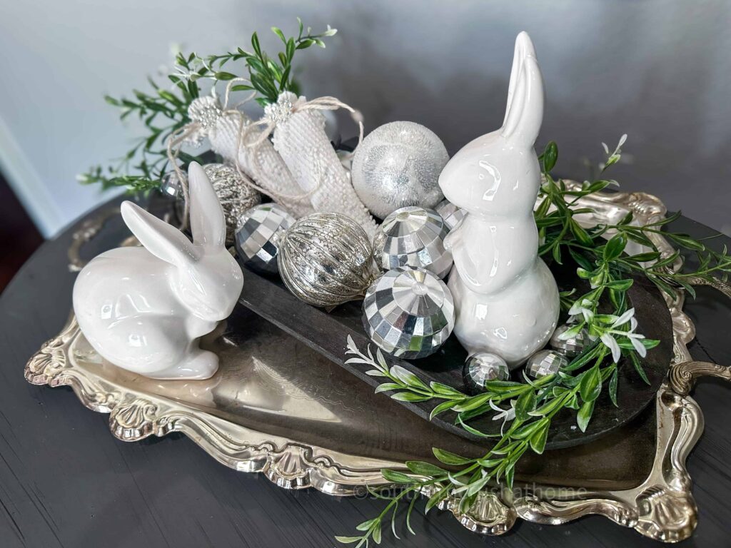 Chenille Fabric Carrots on silver tray