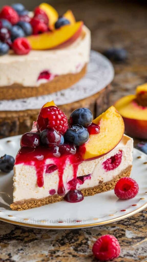 slice of berry and peach cheesecake