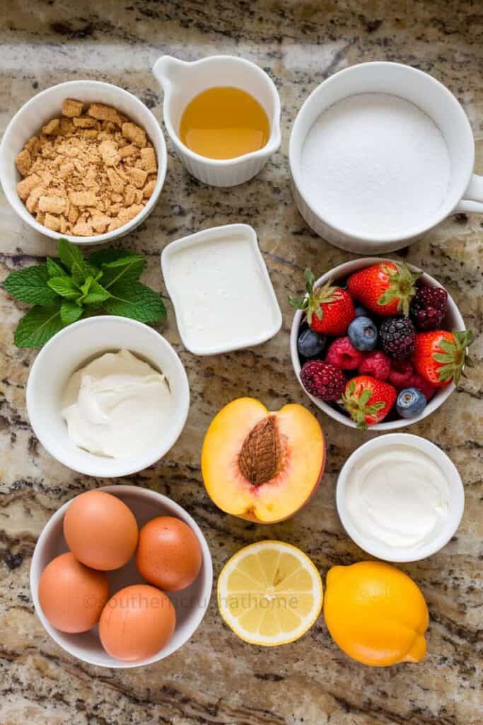 ingredients for berry and peach cheesecake
