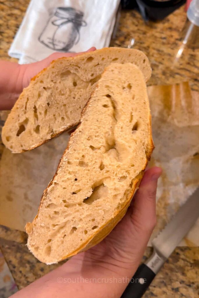 finished einkorn sourdough bread sliced in half crumb shot