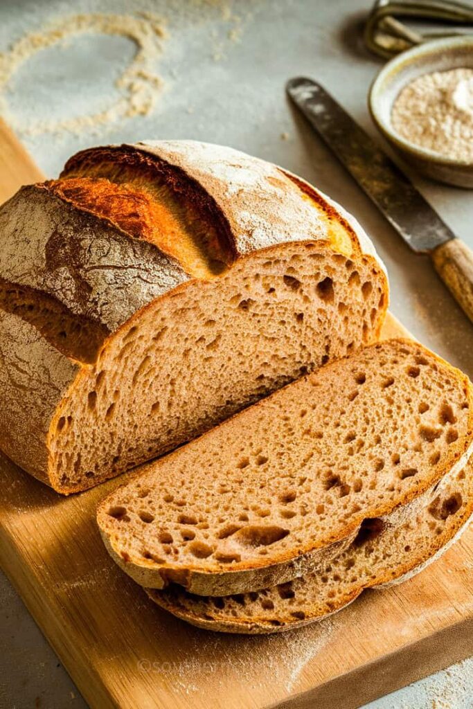 hero shot of einkorn sourdough bread sliced