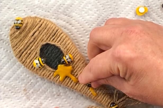 adding bumblebees to bee skep spoon craft