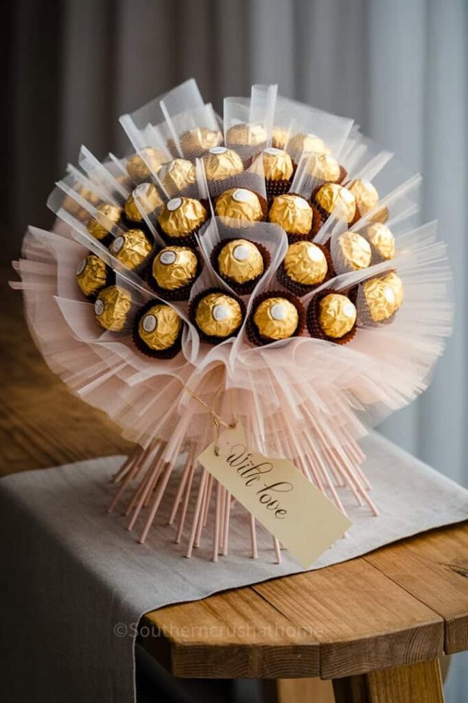 wedding Ferrero Rocher bouquet with tulle