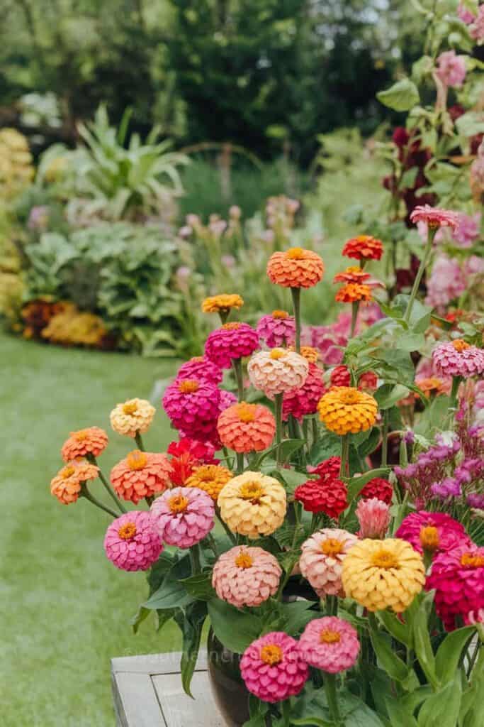 row of zinnia flowers