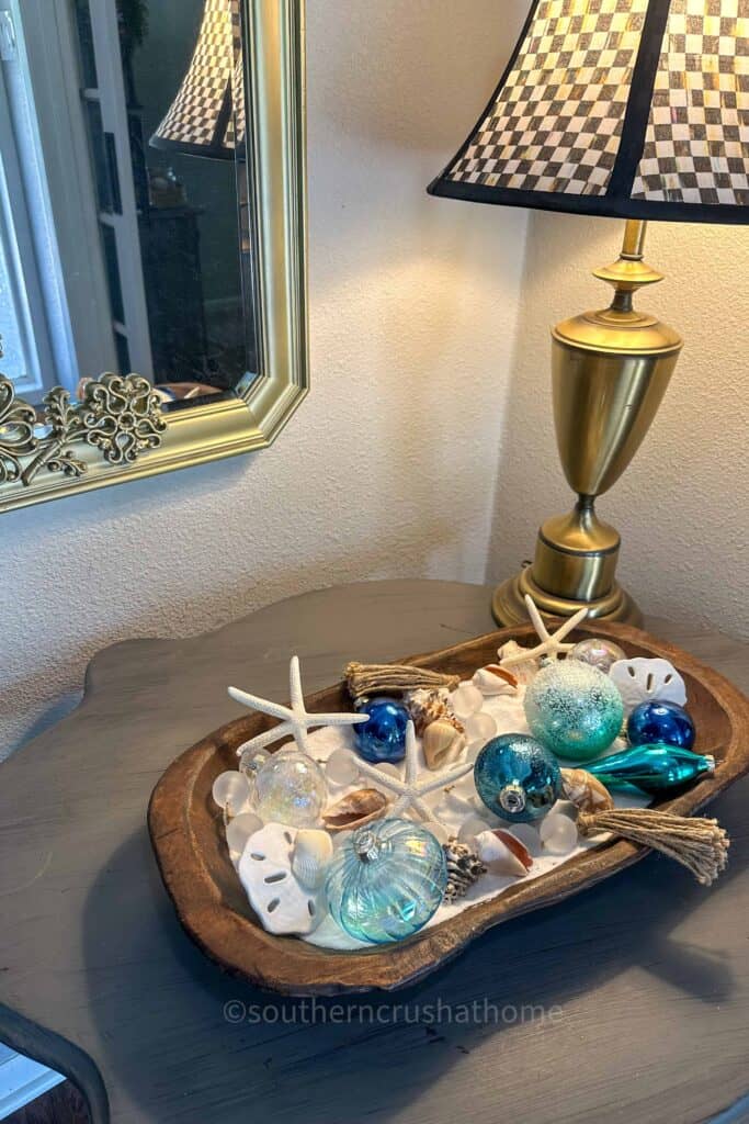 Coastal Decor Dough Bowl on entry table