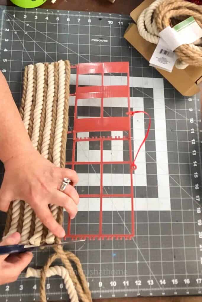 trimming nautical rope with scissors