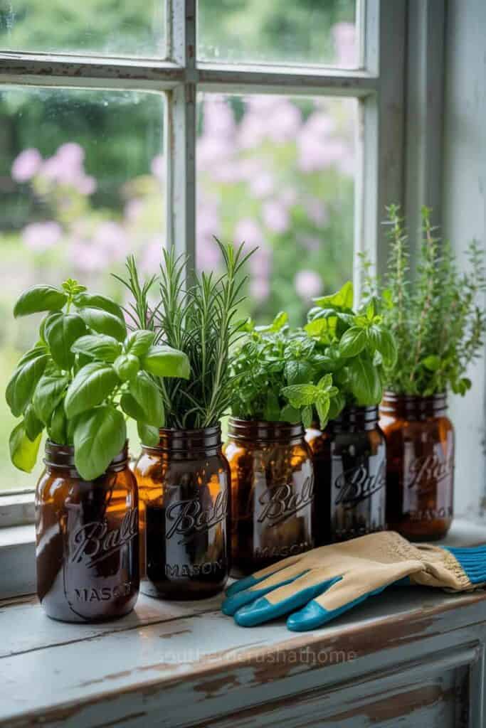 Herb Garden in Amber Mason Jars