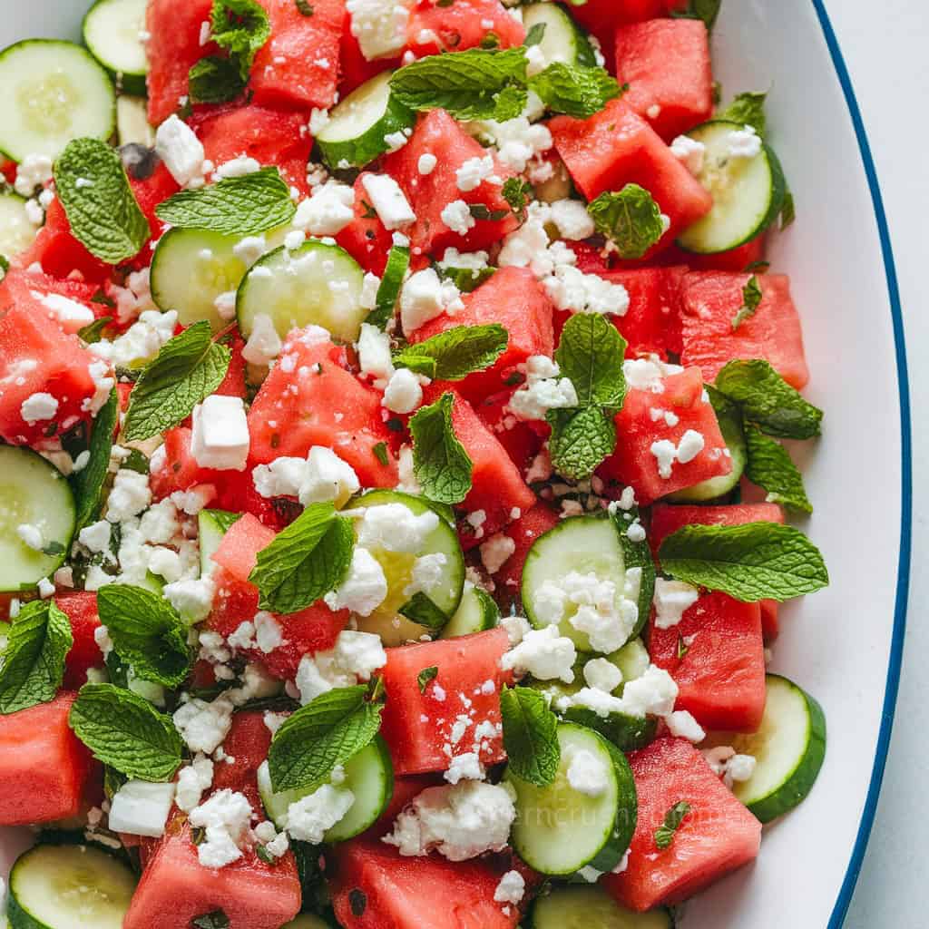 A colorful salad featuring watermelon, cucumbers, feta cheese, and mint leaves.