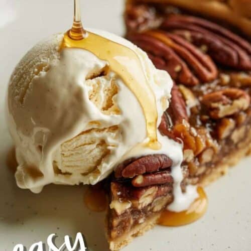 drizzling maple syrup over hot maple pecan pie