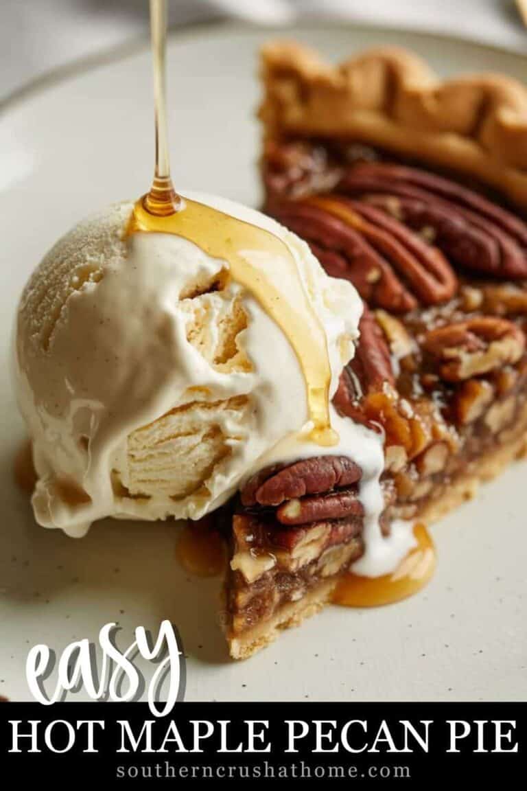 drizzling maple syrup over hot maple pecan pie