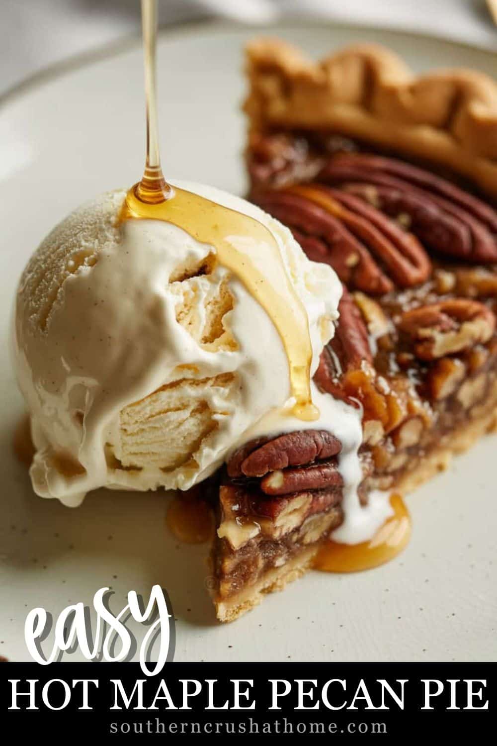 drizzling maple syrup over hot maple pecan pie
