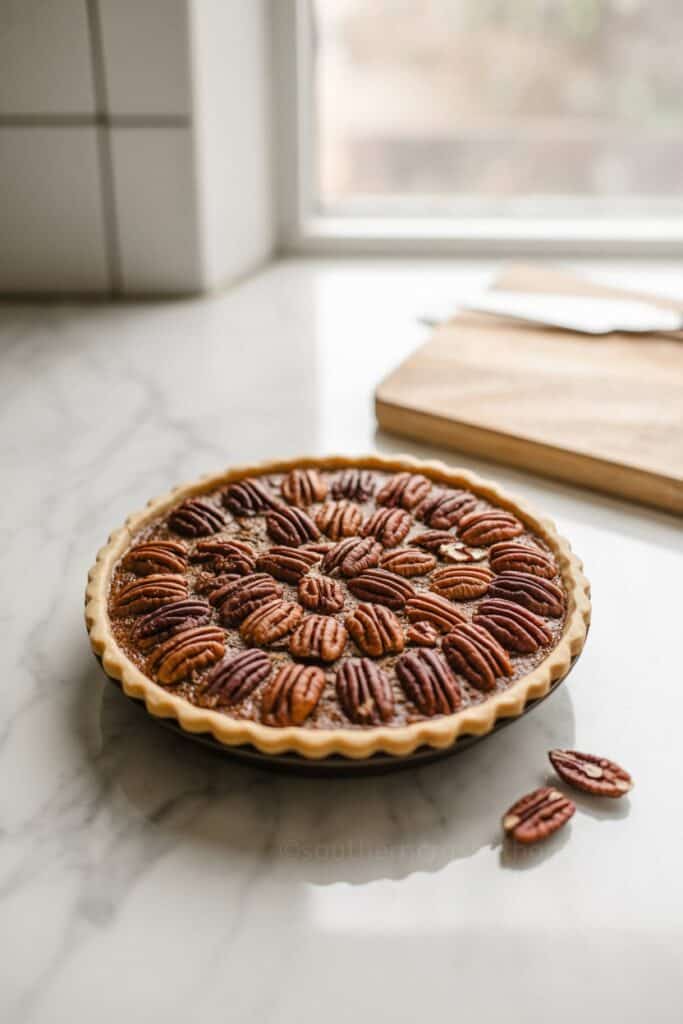 hot maple pecan pie on countertop