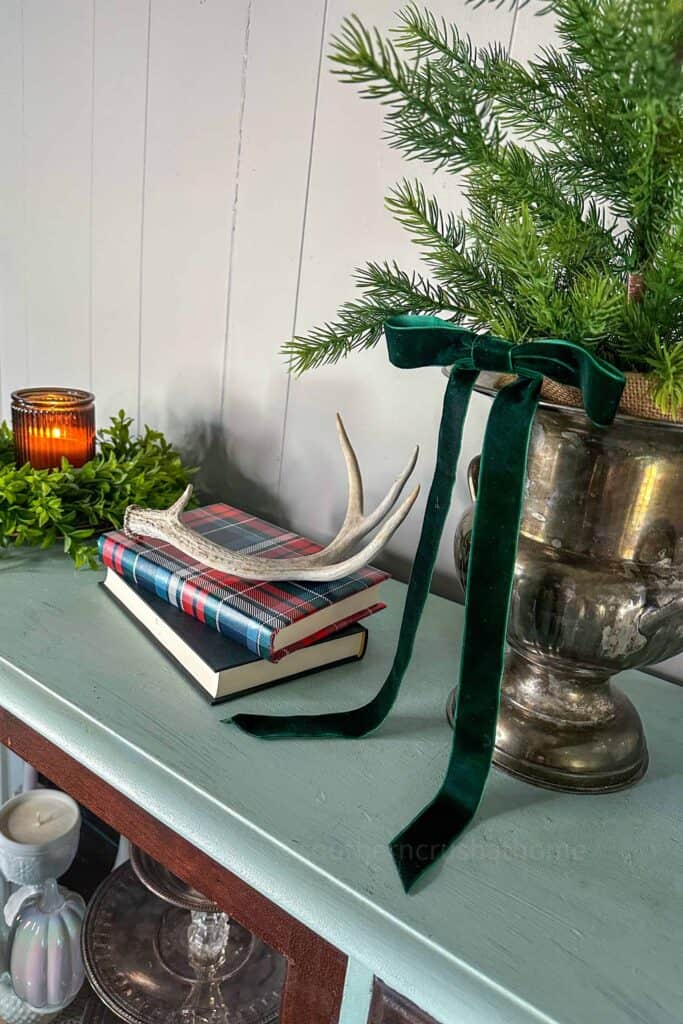 RL christmas tartan plaid dollar tree wrapping paper book stack on hutch