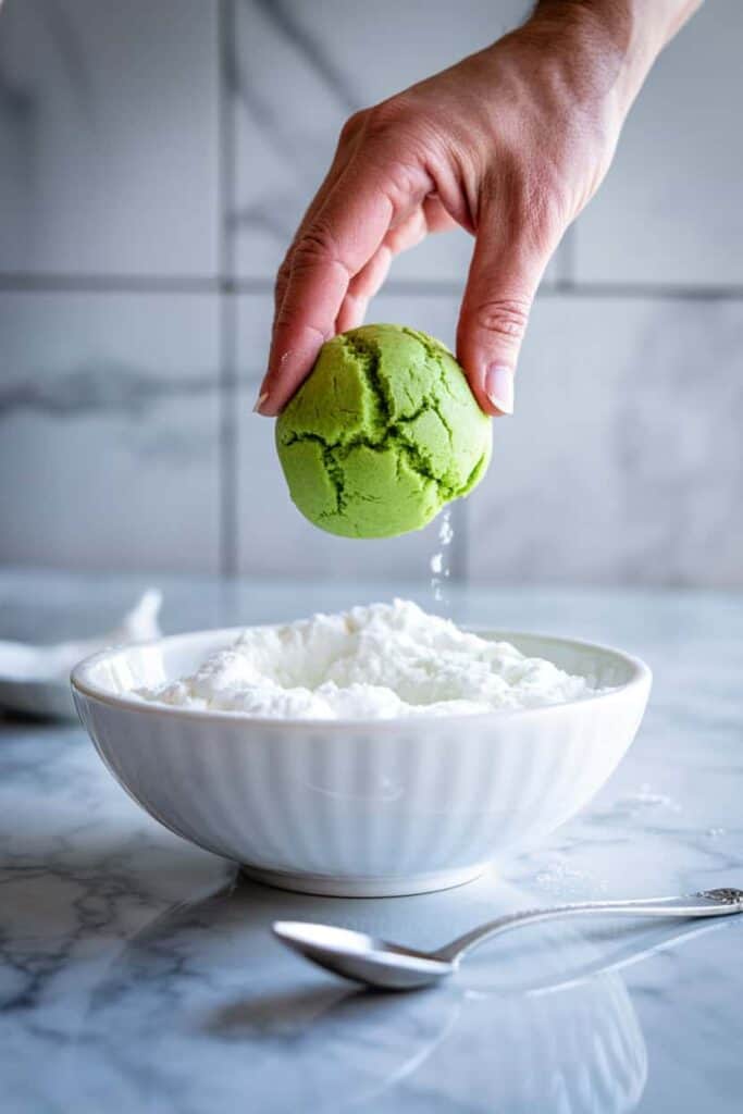 adding powdered sugar to grinch cookies