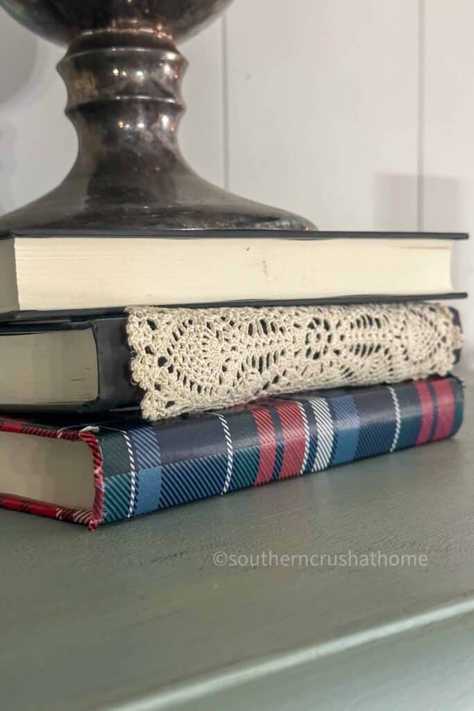 bookstack with doily