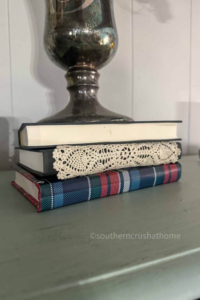 bookstack with doily
