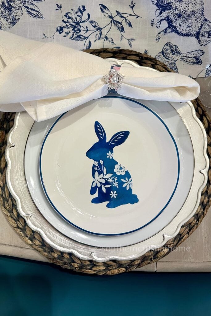blue and white bunny place setting